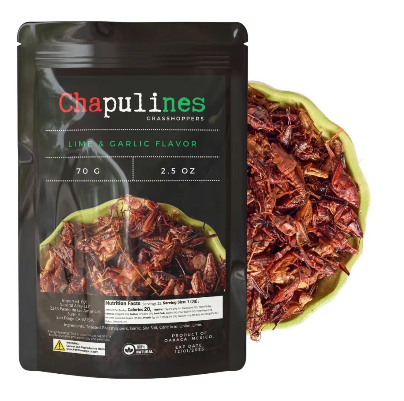 Chapulines Sal y Limon y Chile y Limon Grasshoppers from Oaxaca Mex 100g Each