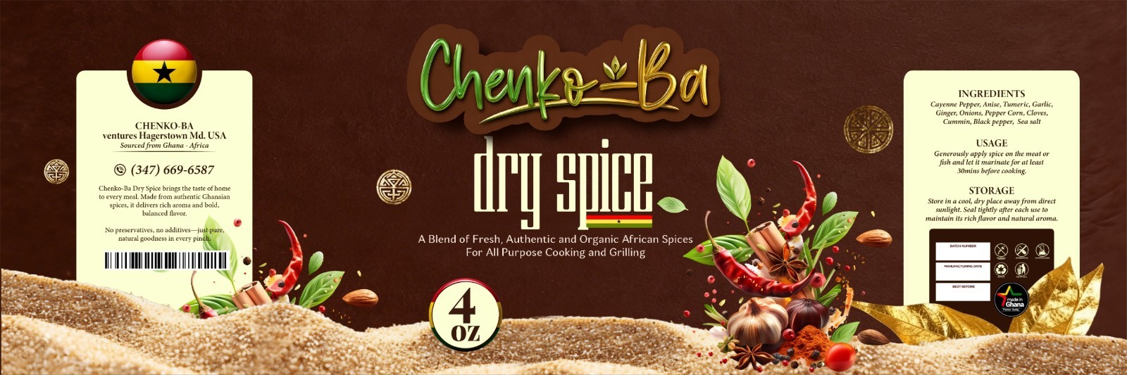 Chenko-Ba Dry Spice African All Purpose Herb & Spice Mix, 4 oz, Made in Ghana