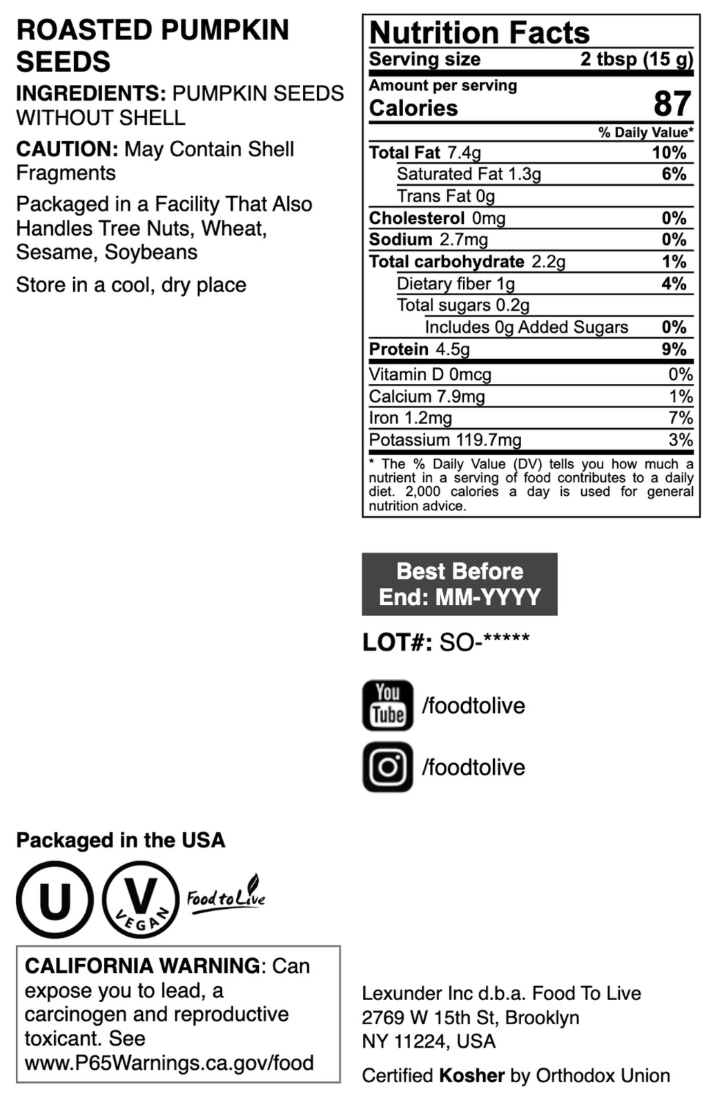 Dry Roasted Pumpkin Seed Kernels – Unsalted, Oven Roasted, No Oil Added, Vegan