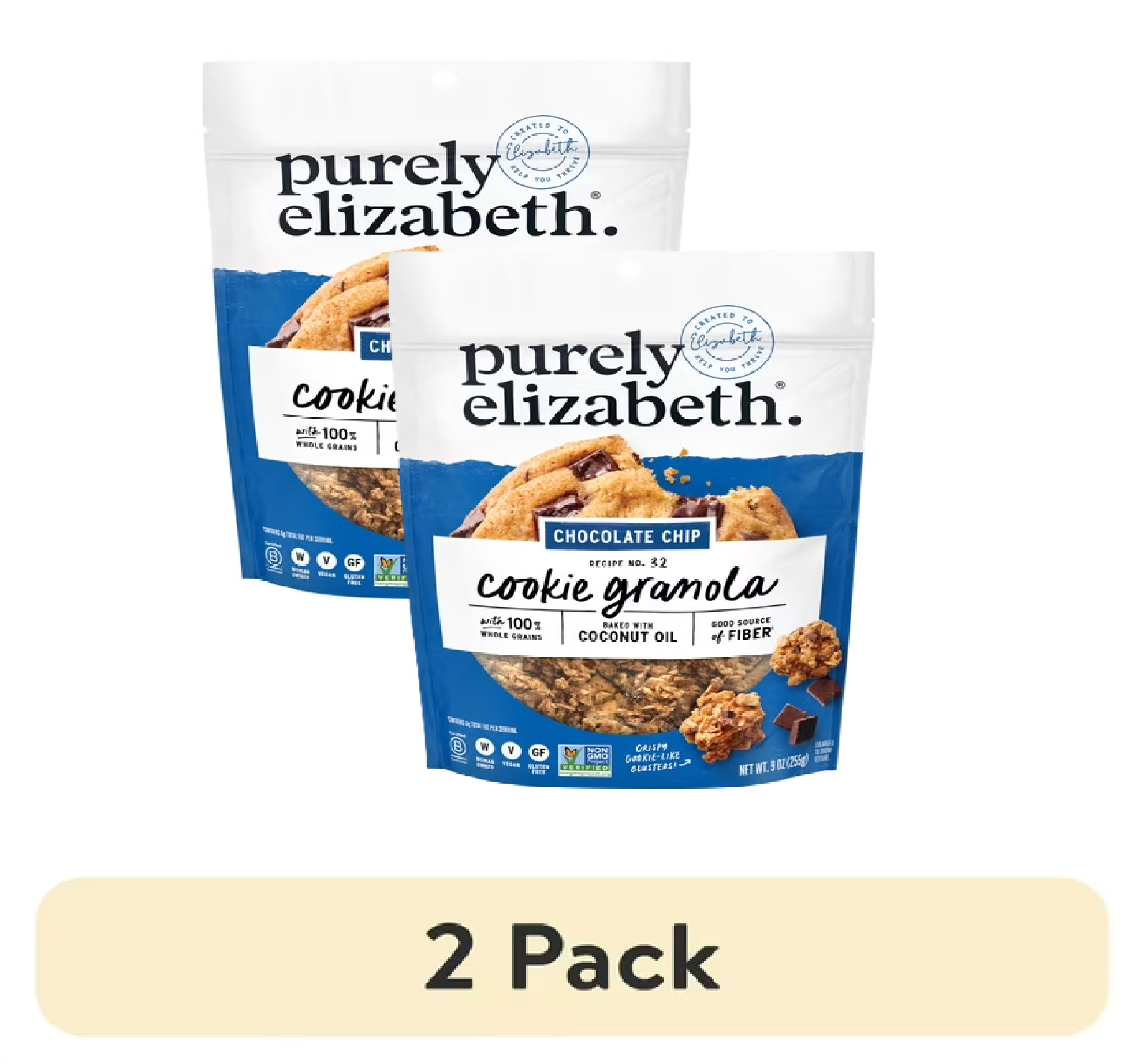 (2 PACK) Purely Elizabeth Cookie Granola, Chocolate Chip, Gluten-Free, 9 oz Bag