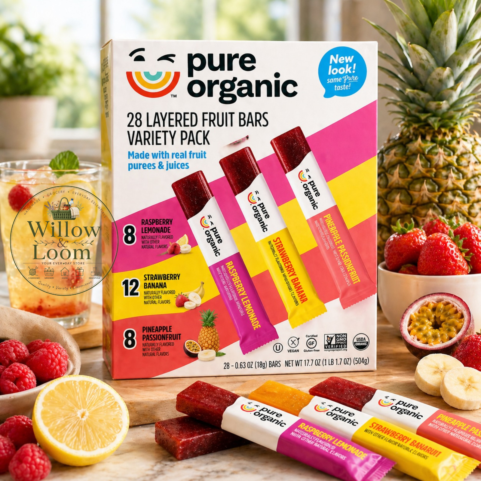 Pure Organic 28 Layered Fruit Bars Variety Pack Non-GMO Vegan Gluten Free 17.7OZ