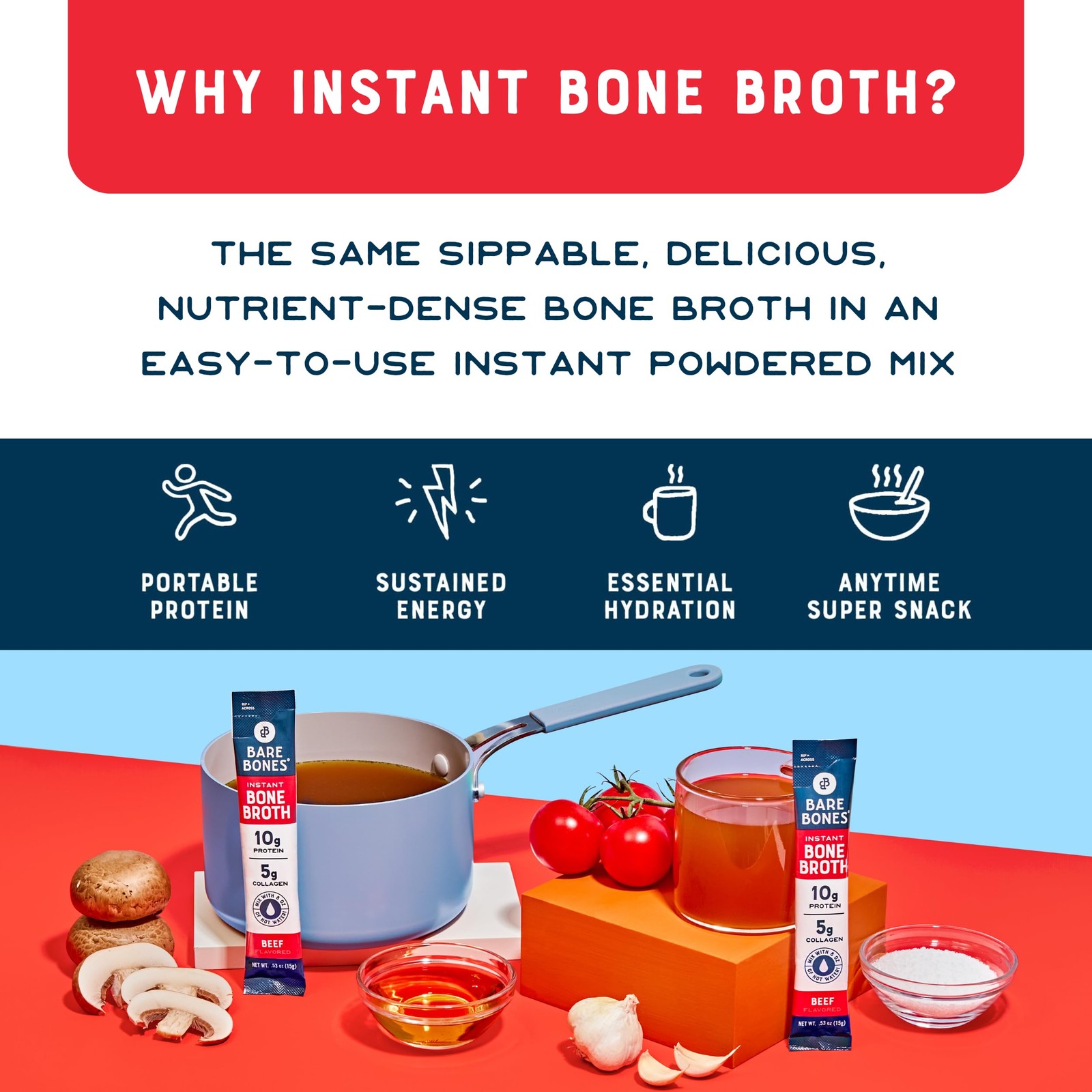 Bare Bones Beef Bone Broth Instant Powder Mix Packets 16 Pack