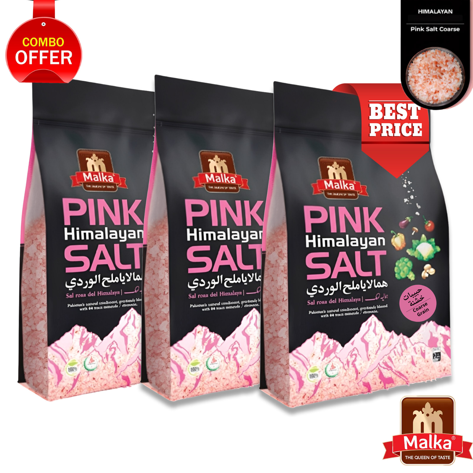 Malka Himalayan Pink Salt Coarse Grain Salt, 6lb (Qty: 3, 2lbs Pouch bags)