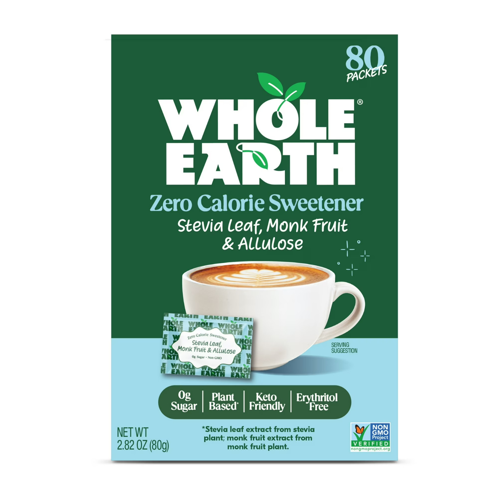 Whole Earth 0 Calorie Sugar Substitute, Stevia Monk Fruit Sweetener, 80 Packets