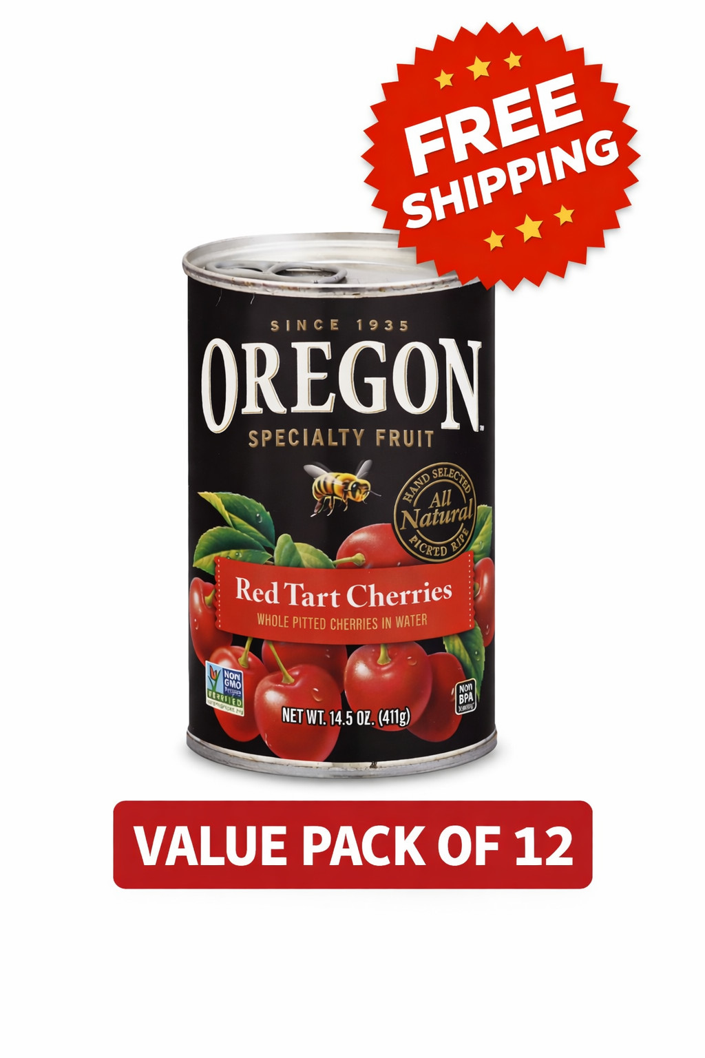 Value Pack of 12 Oregon Red Tart Cherries in Water, 14.5 fl oz Cans – Sugar Free