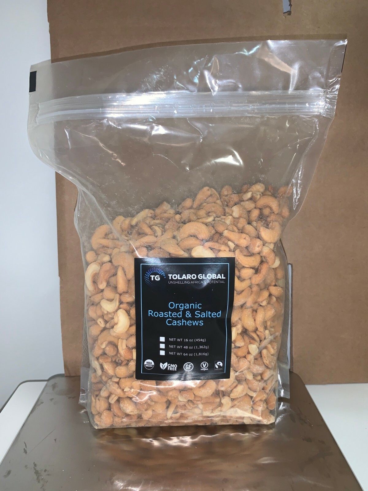 Organic & Fairtrade Roasted and salted cashews- Bulk 4 LB resealable doy pack