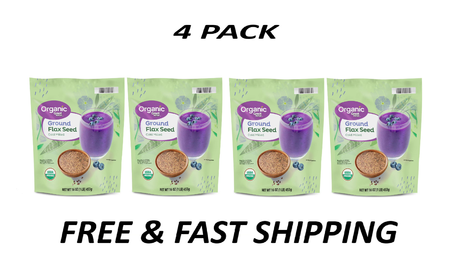 (4 pack) Great Value Organic Ground Cold Milled Flax Seed, 16 oz.