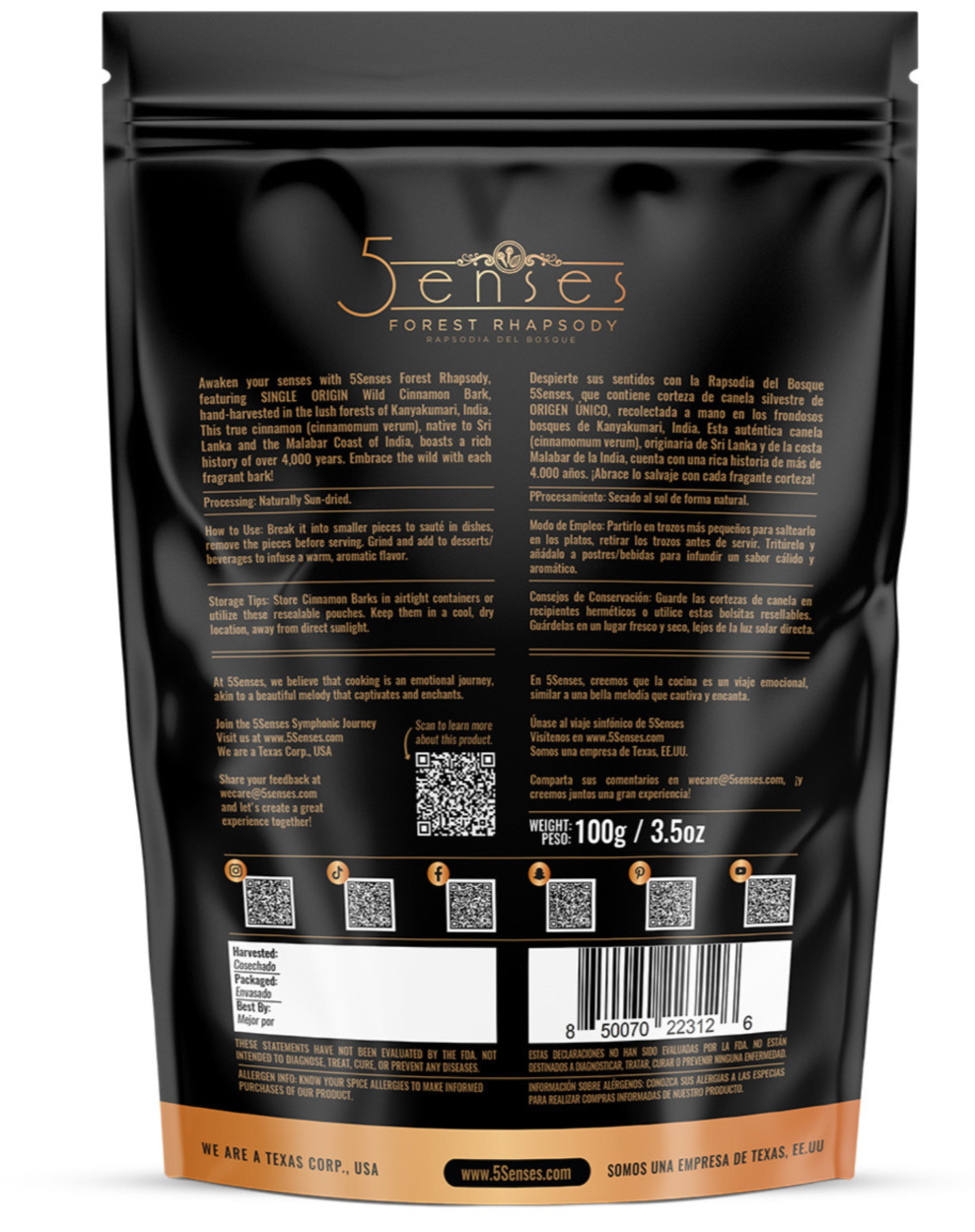 5Senses Wild Cinnamon Bark | Canela | Single Origin Non-GMO, Fairtrade