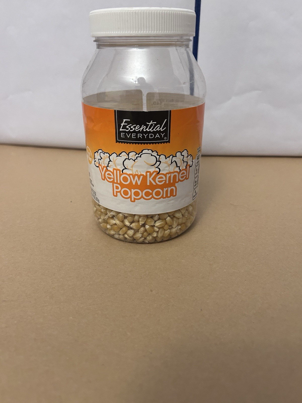 Plastic Jar 851g twist off Essential Everyday Yellow Kernel Popcorn half used