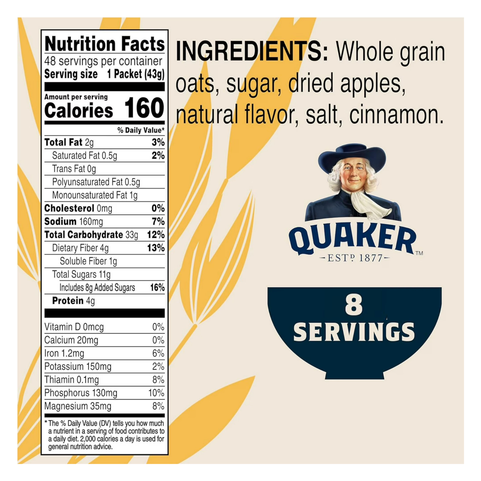 Breakfast Quaker Instant Oatmeal, Apple and Cinnamon, 12.1 oz – 8 packets
