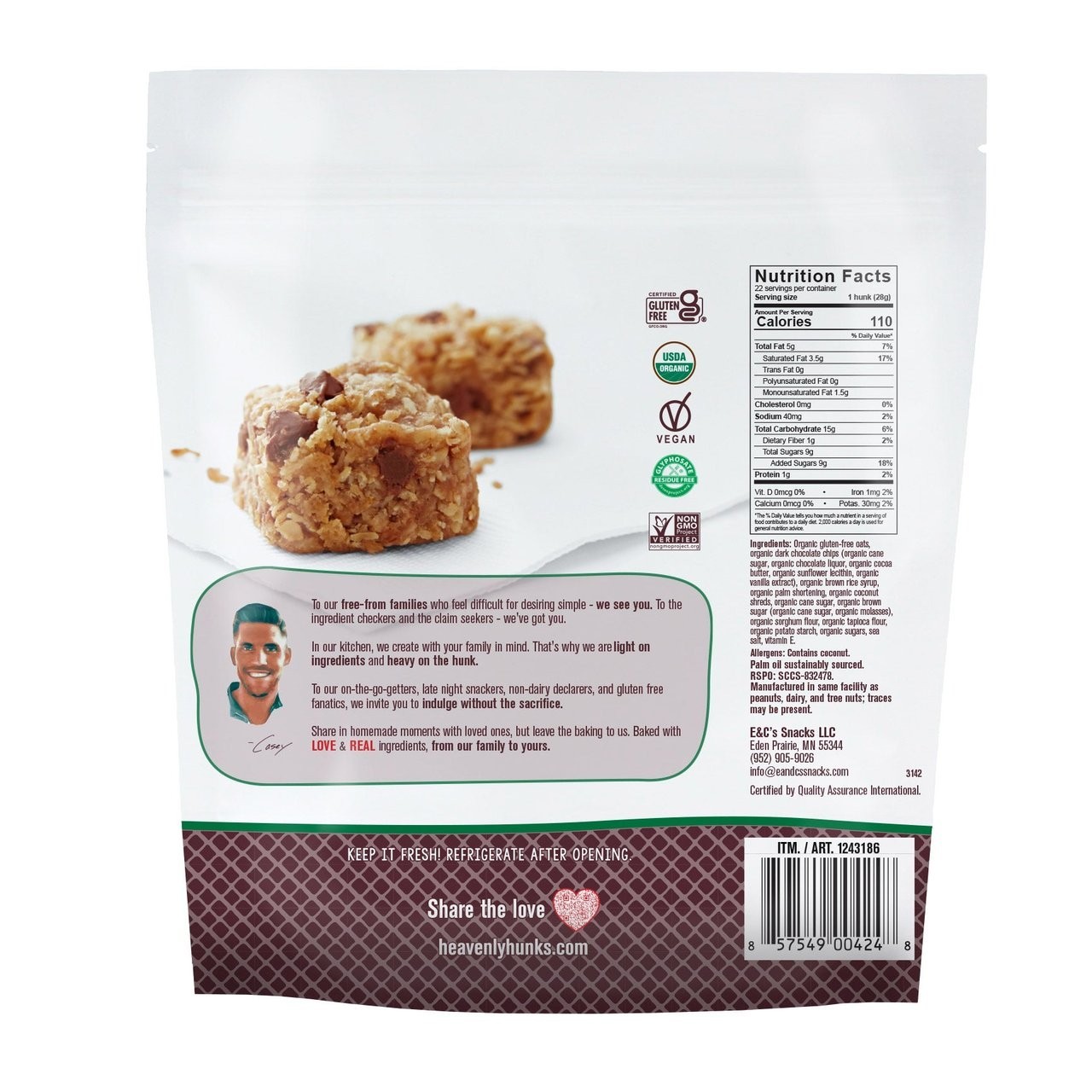 Heavenly Hunks Organic Oatmeal Dark Chocolate Cookies 22 Oz EXP 07/2027