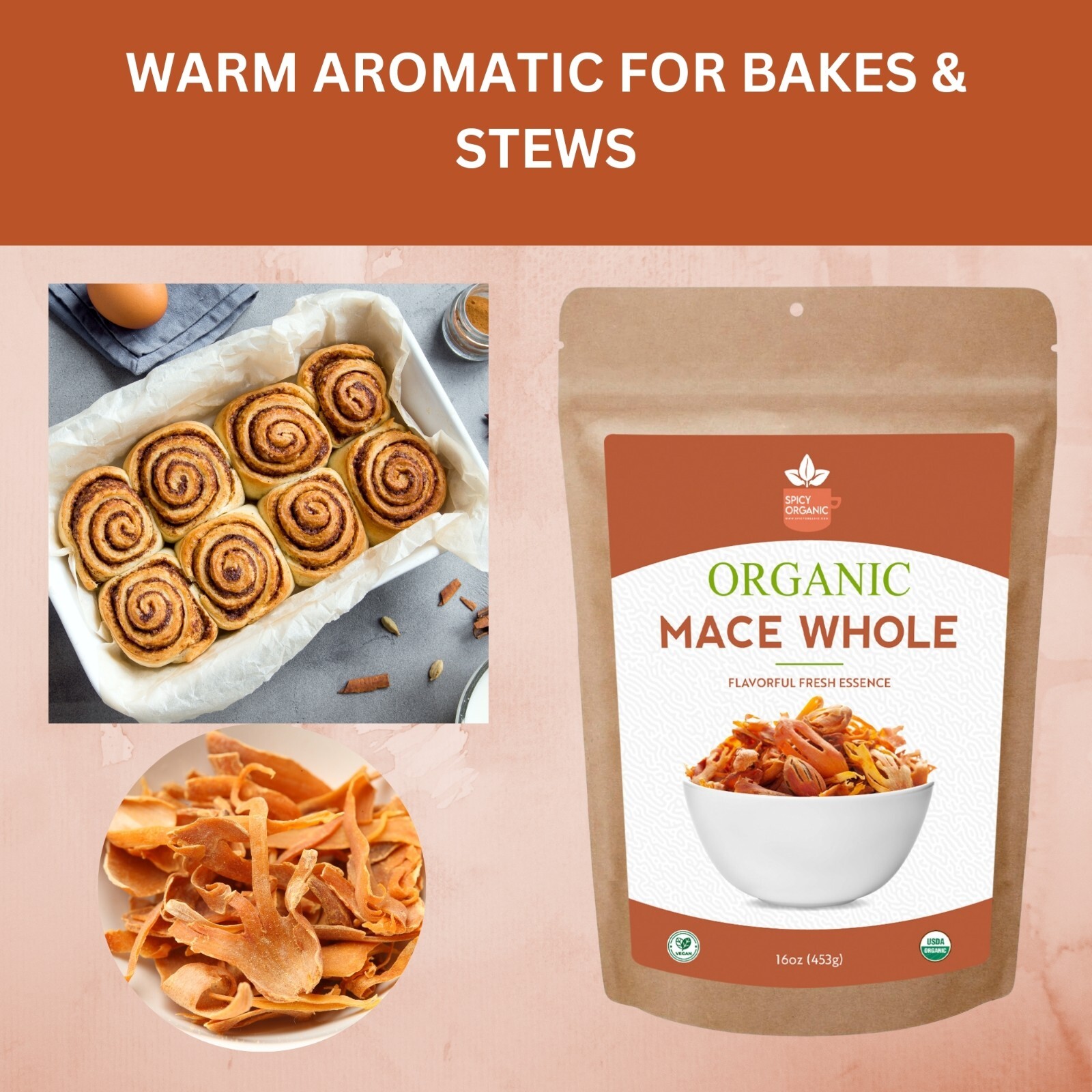 Organic Whole Mace Spice – Myristica Fragrans, Perfect for Cooking & Baking, 2OZ