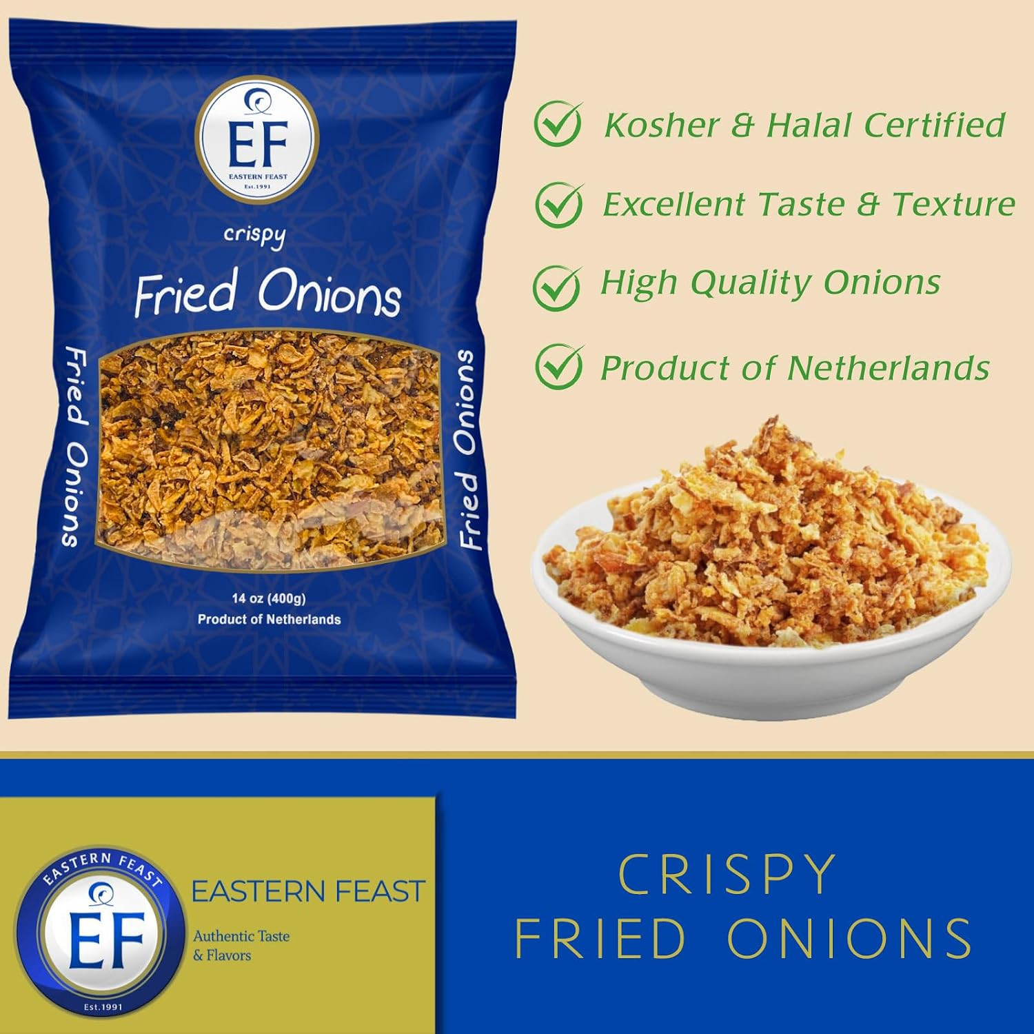 EF – Crispy Fried Onions (2 PACK) 14 Oz Each, Kosher, Halal, Product of Netherla