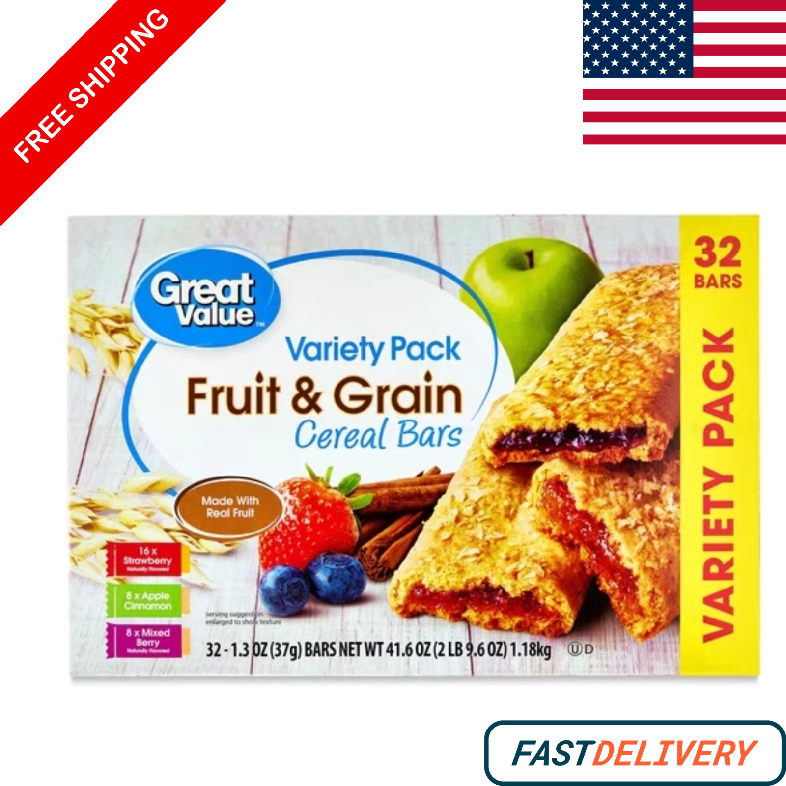 Great Value Fruit & Grain Cereal Bars, Variety Pack, 1.3 oz, 32 Count