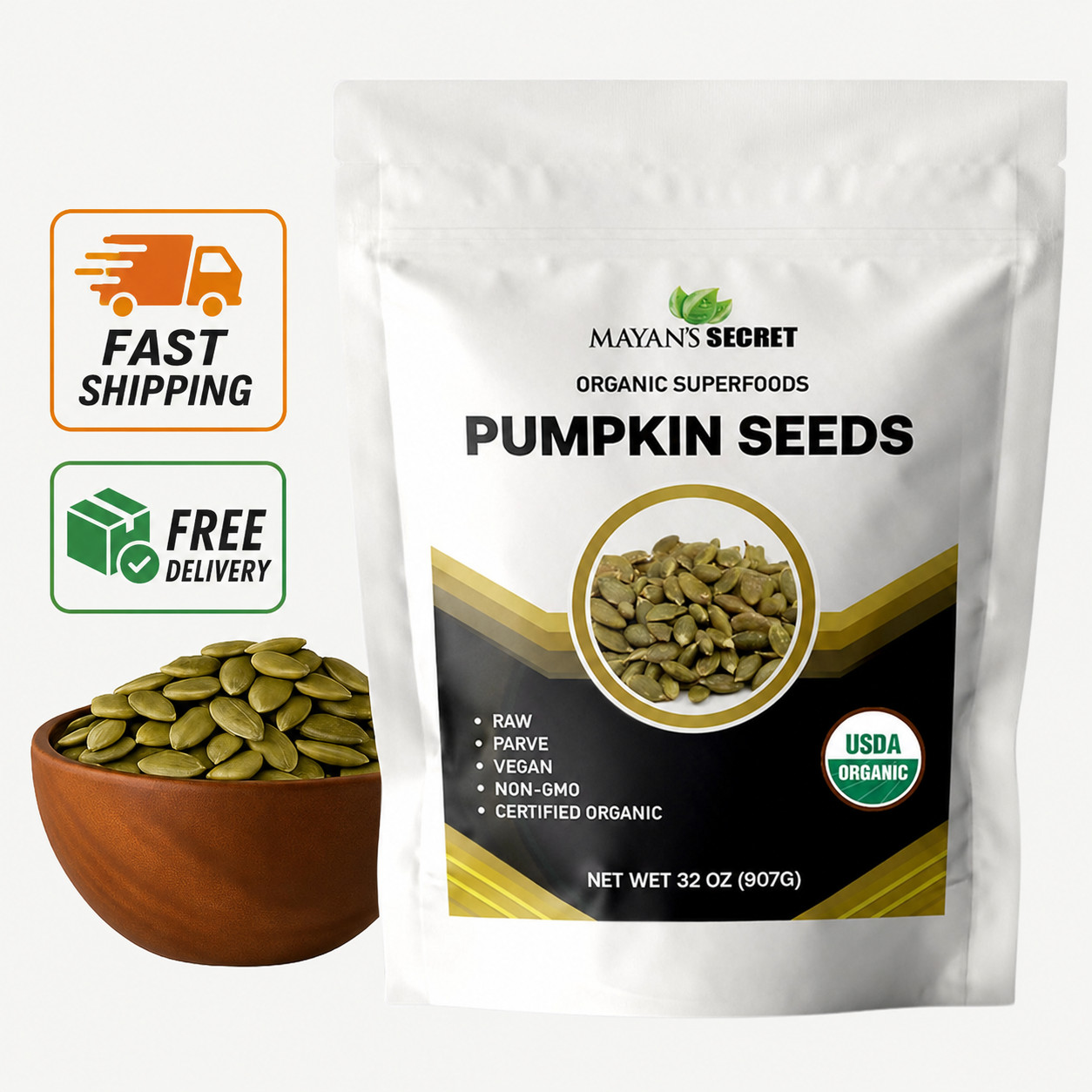 Mayan’s Secret – Raw Pumpkin Seeds Organic 2lb, Parve, Vegan, Non GMO- Free Ship