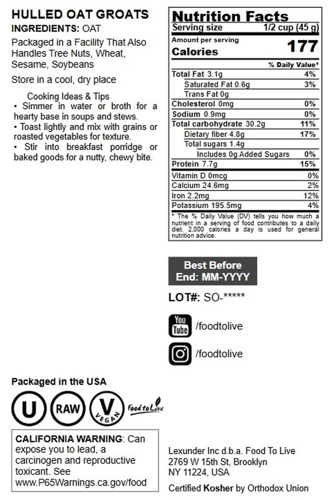 Whole Grain Oat Groats – Oat Berries in Bulk. Kosher, Vegan Hulled Kernels