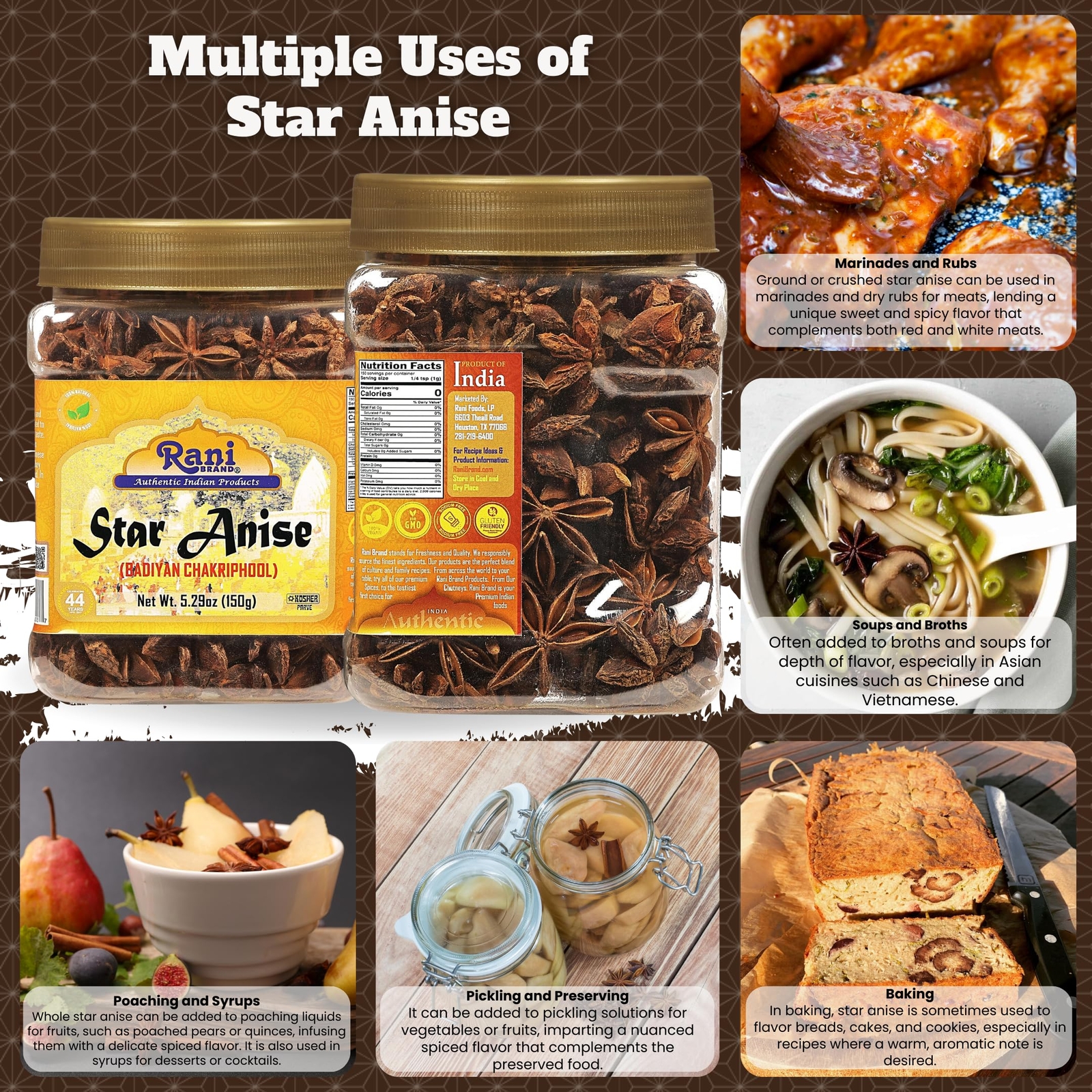 Rani Star Anise Seeds, Whole Pods (Badian Khatai) Spice 5.29oz (150g) PET Jar