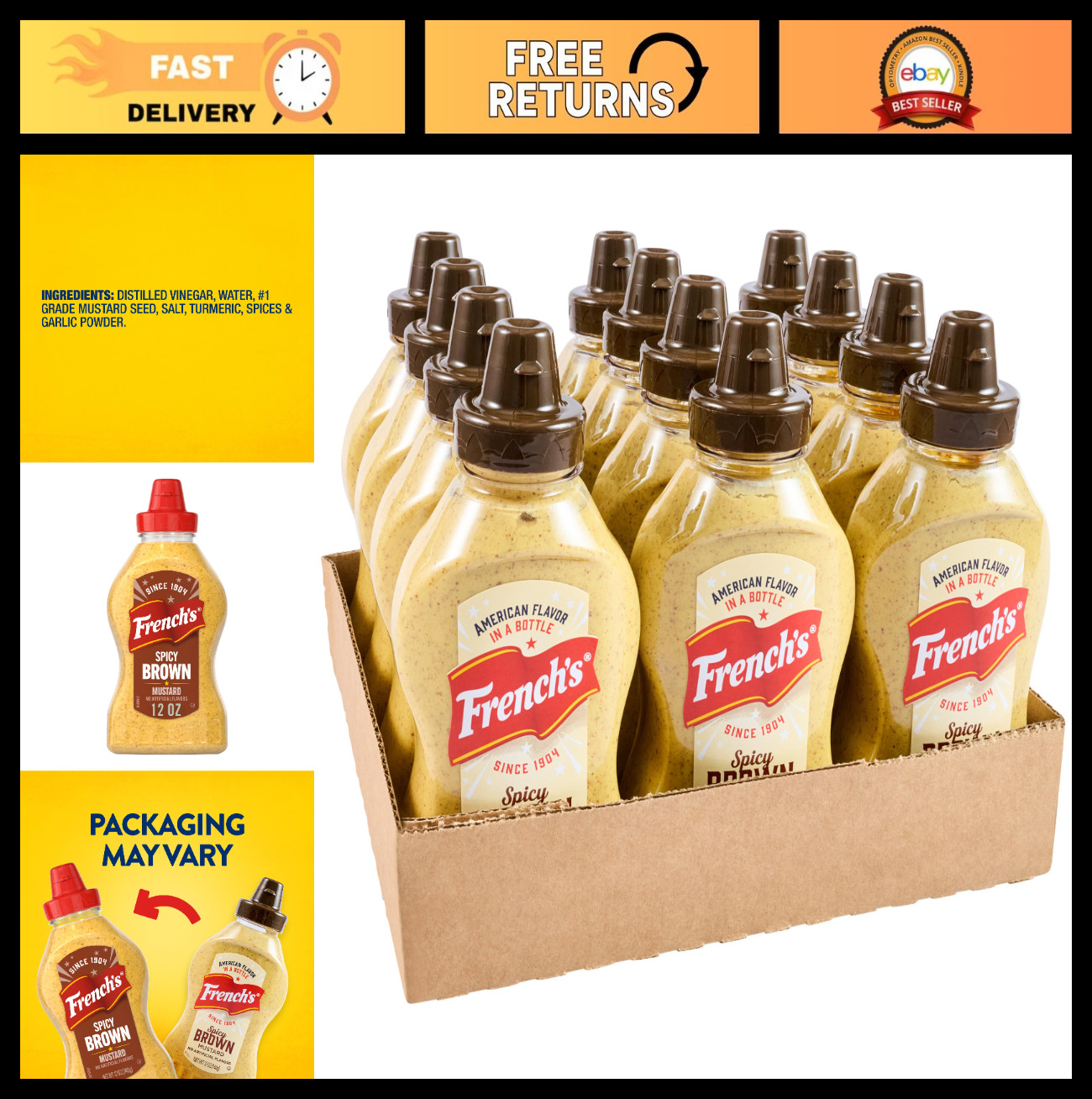Spicy Brown Mustard 12 oz – Pack of 12, Gourmet Condiment for Sandwiches & BBQ