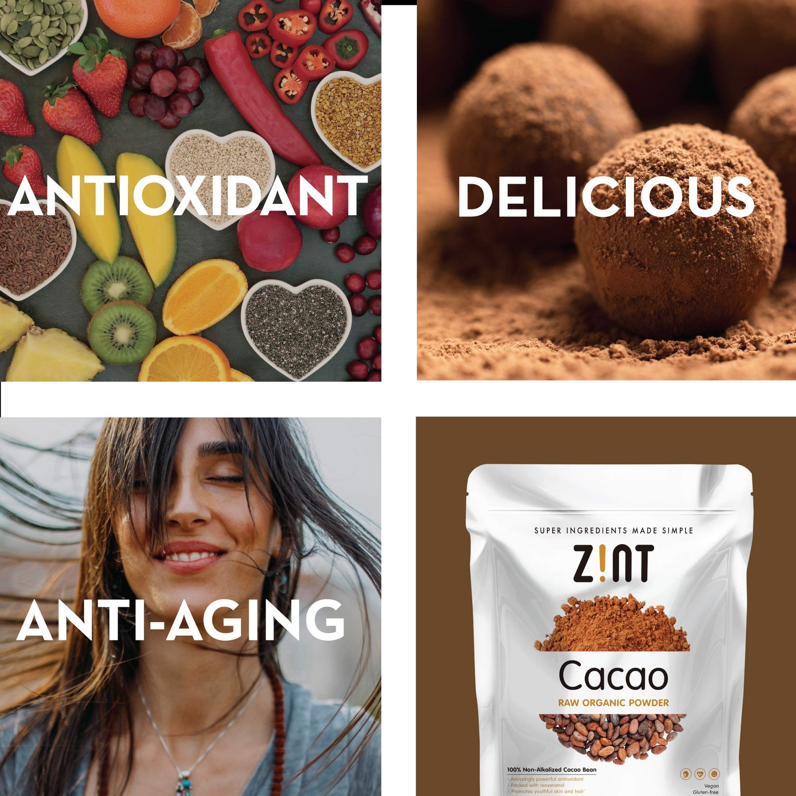 Zint Organic Cacao Powder, Organic, Non GMO, Anti Aging 1 Pound, No Color