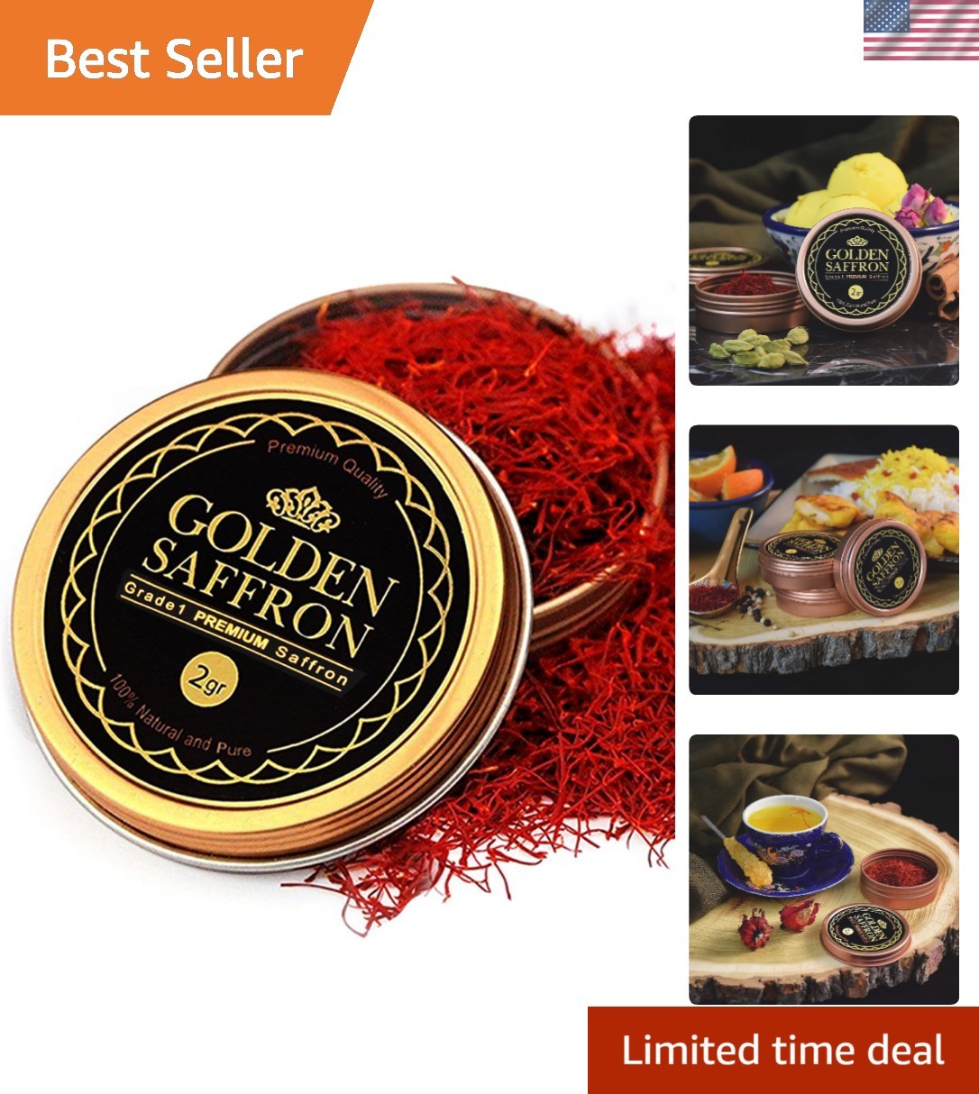 100% Pure Non-GMO Saffron – All Red Grade A+ Threads in Food-Safe Tin
