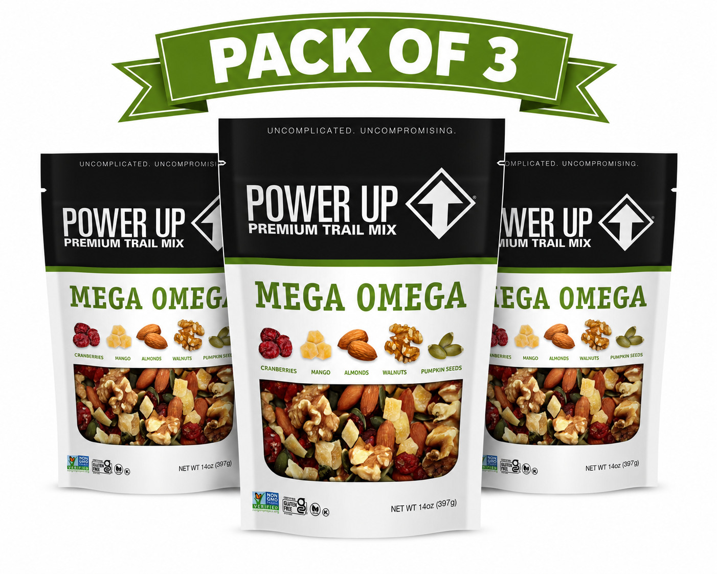 Power Up Mega Omega Trail Mix from Gourmet Nut, Resealable Bag, 14 oz, (3 Pack)