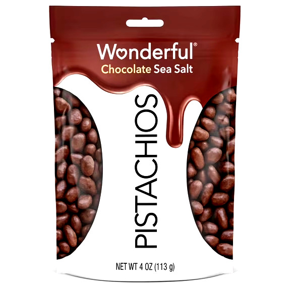 Wonderful Pistachios, No Shells, Chocolate Sea Salt, 4 Ounce Resealable Bag.