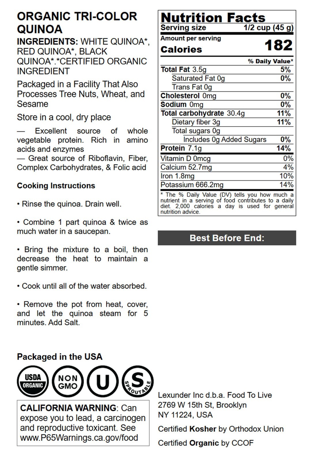 Organic Tri-Color Quinoa — Non-GMO, Raw, Whole, Kosher, Sirtfood, Sproutable