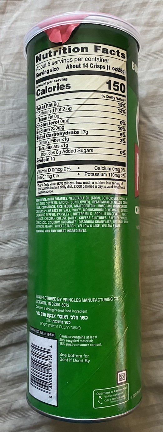 NEW PRINGLES CHEESY JALAPENO POPPER FLAVOR POTATO CRISPS CHIPS 5.5 OZ (158g) CAN