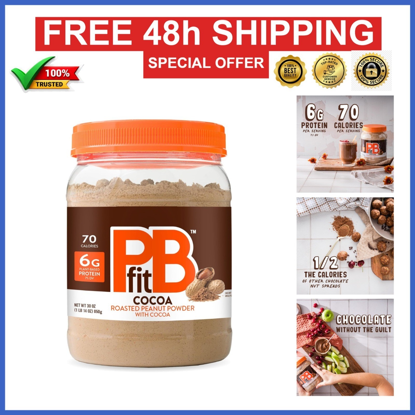 PBfit Cocoa Peanut Butter Powder 30oz – Gluten-Free, Low Fat, 6g Protein