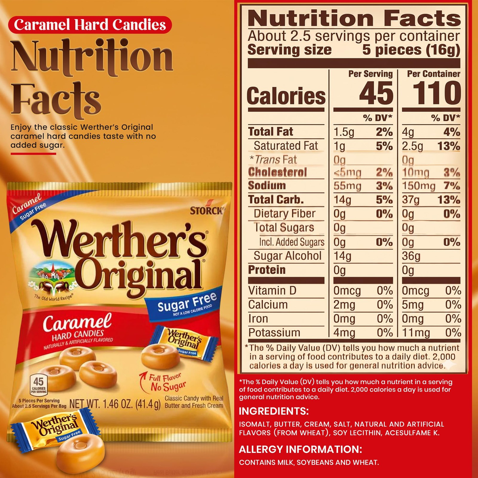 Werthers Sugar-Free Hard Candy Variety Pack (1.46 oz Each) – 2 Caramel 4
