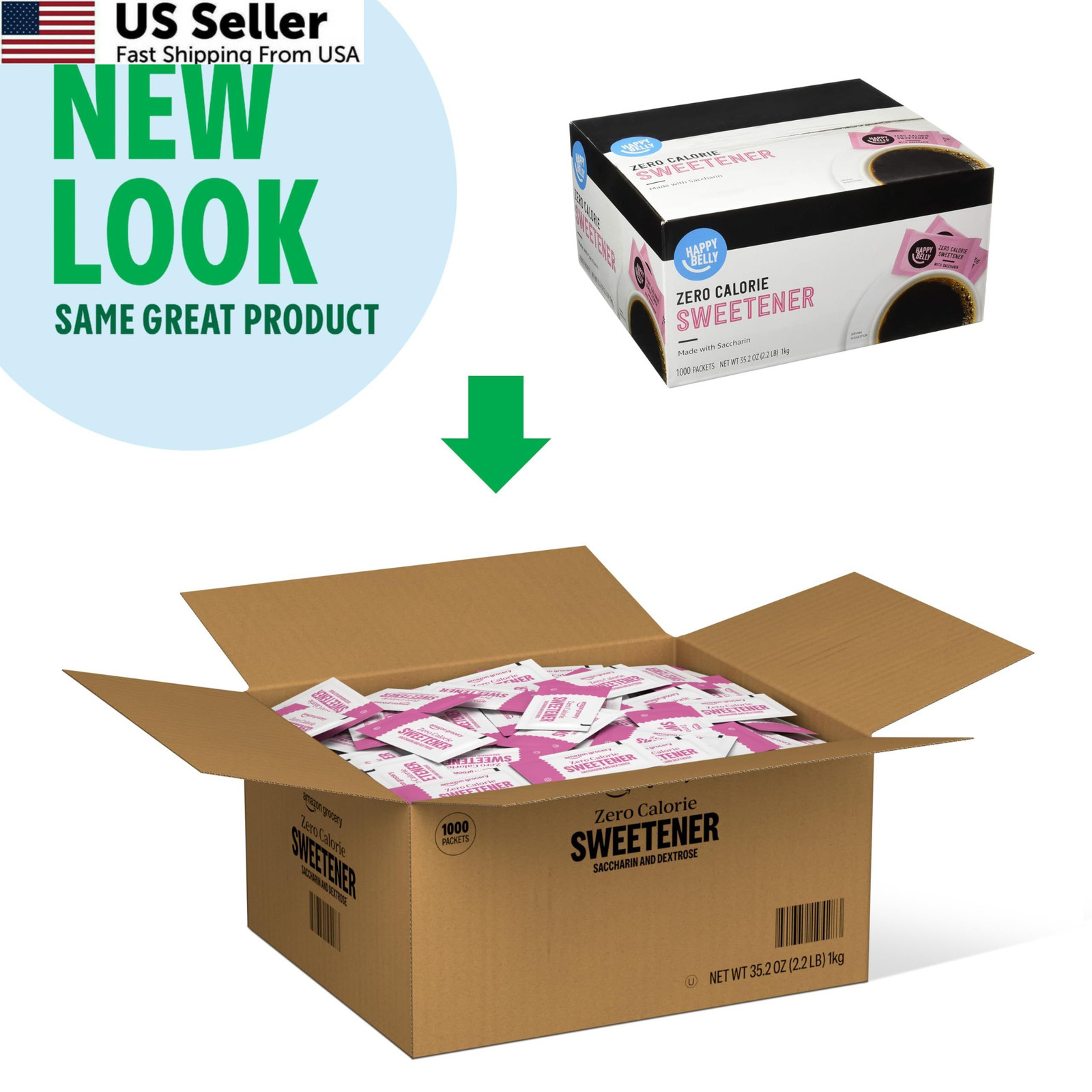 Amazon Brand – Happy Belly Zero Calorie Pink Saccharin Sweetener, 1000 Count