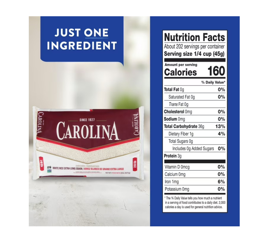 Carolina Enriched White Rice, Extra Long Grain, 20 lb Bag