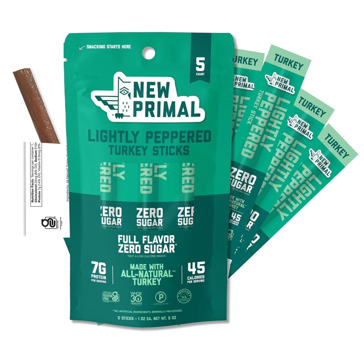 New Primal Lightly Peppered Turkey Sticks, 5 Count | All Natural, Healthy Sna…