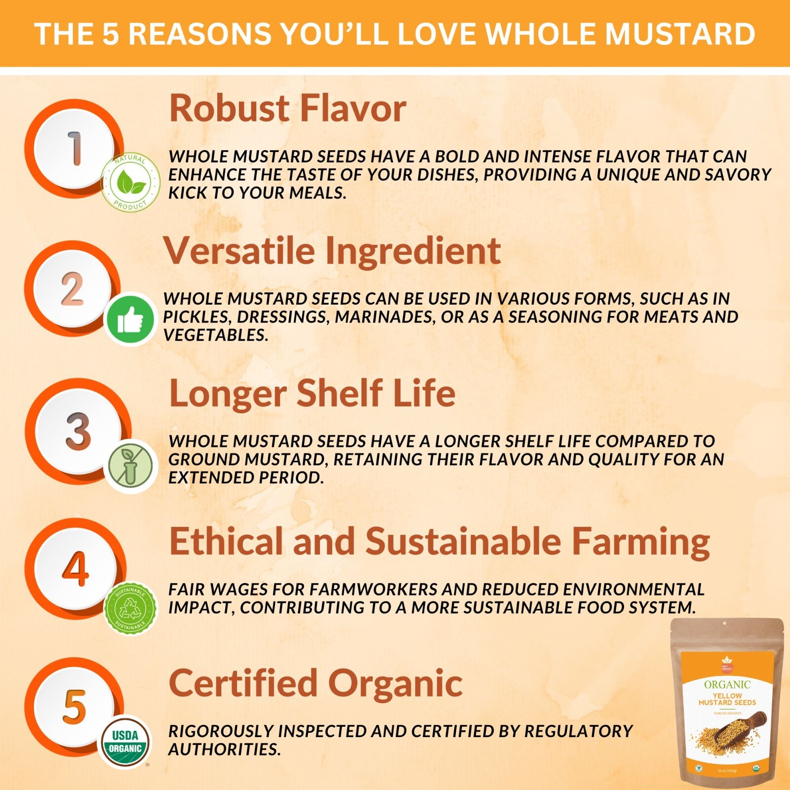 Certified Organic Whole Yellow Mustard Seed Spice for Cooking & Seasoning -4 OZ.
