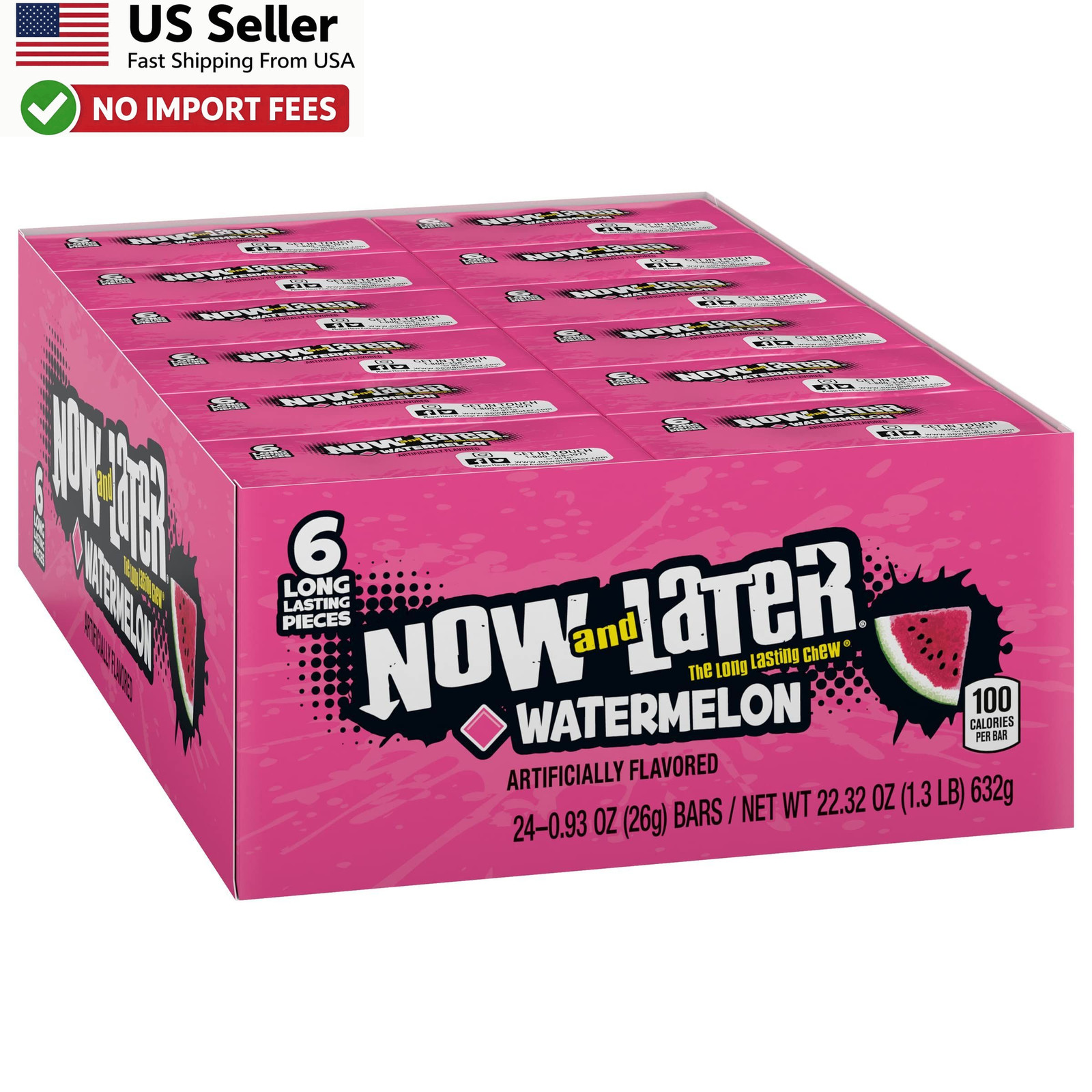 Now and Later Watermelon Candy 0.93 oz Bars 24 Pack Chewy Taffy – FROM USA