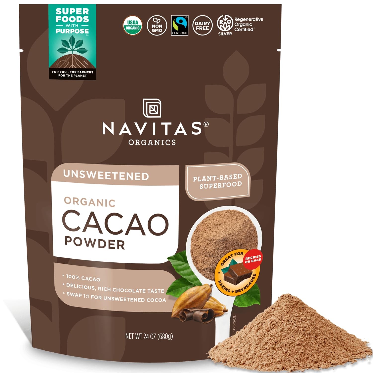 Organic Cacao Powder – Non GMO, Fairtrade, Gluten Free, 24oz, 113 Servings