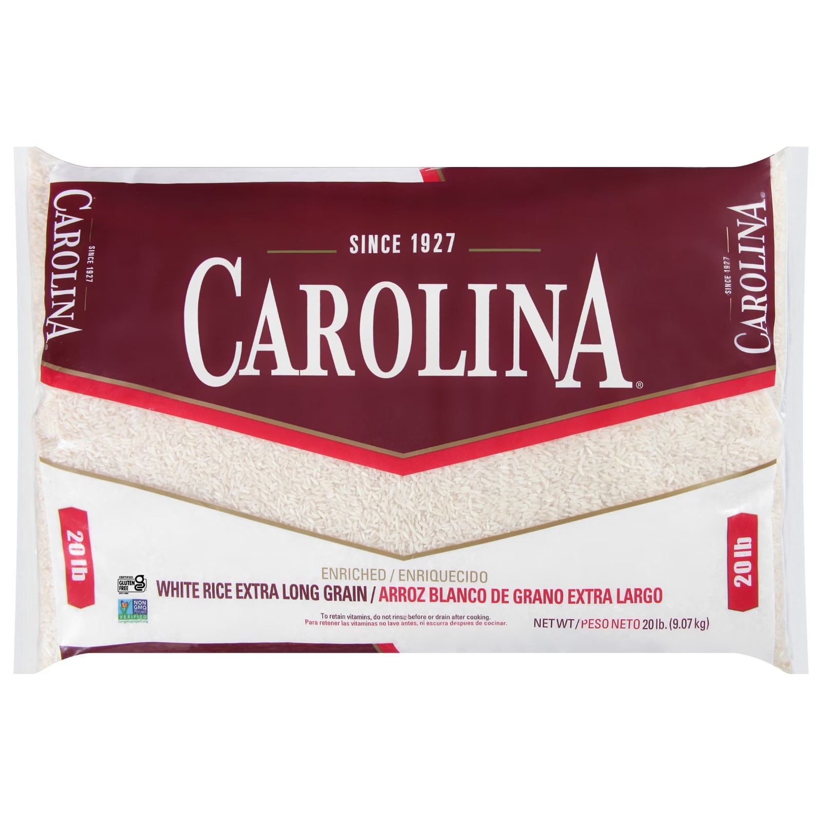 Carolina Enriched White Rice, Extra Long Grain, 20 lb Bag.