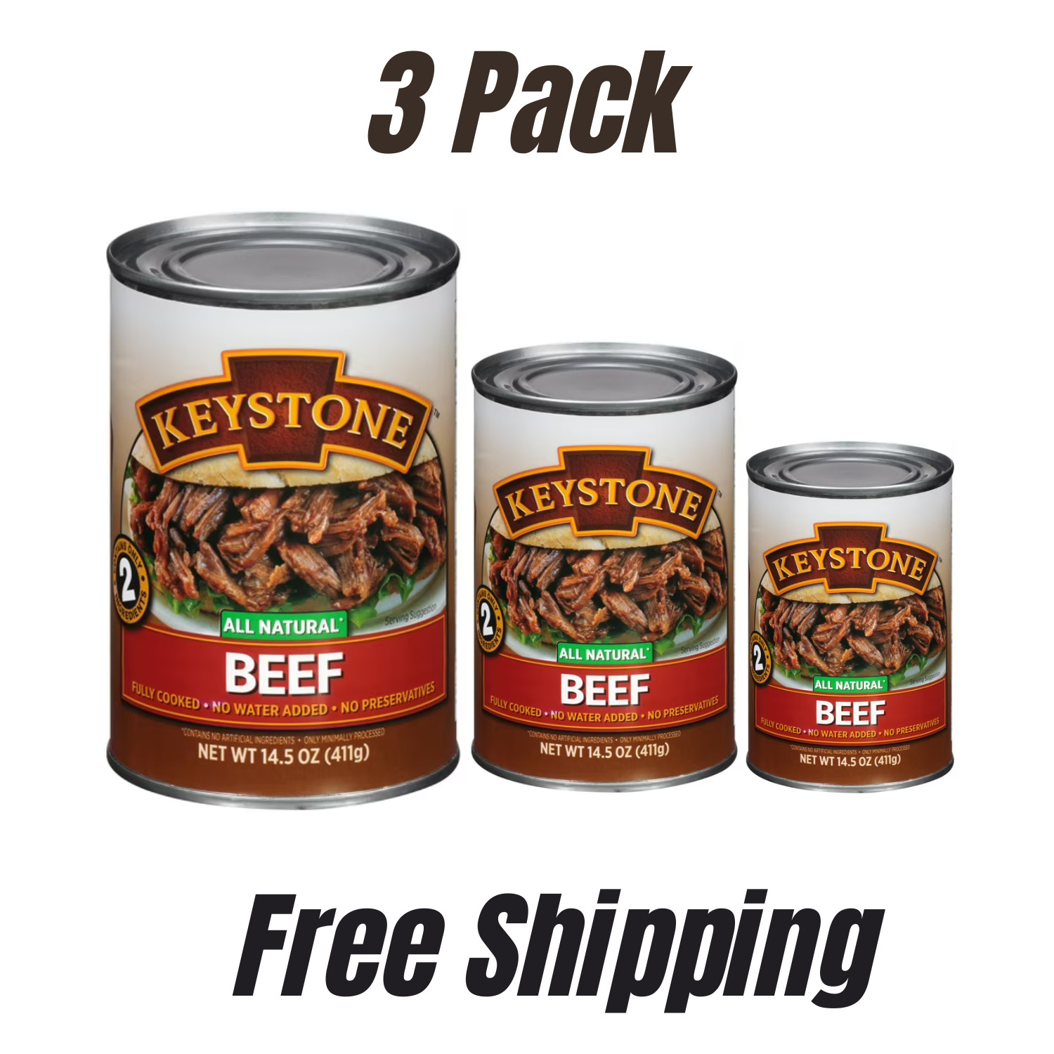 Keystone Meats All Natural Beef 3 Cans | Fully Cooked 14.5 oz Canned Meat Bulk..