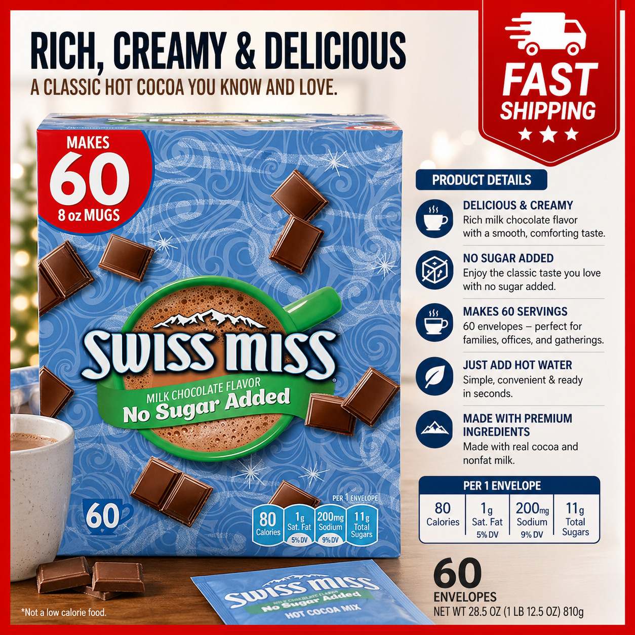 Swiss Miss Milk Chocolate No Sugar Added Hot Cocoa Mix, 60ct 99.9% Caffeine-Free