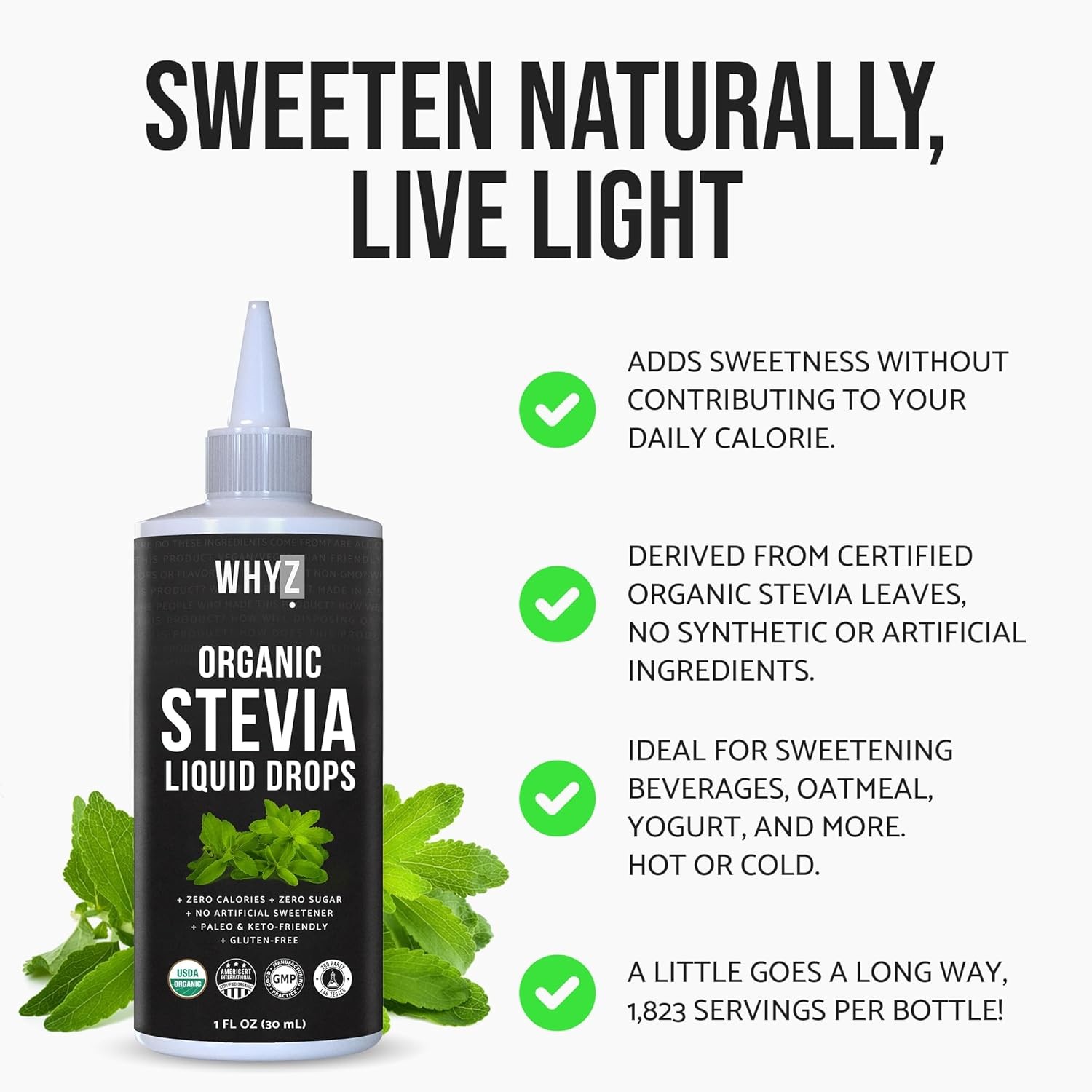Organic Stevia Liquid Drops Zero Calorie Natural Sweetener 1 fl oz 228 Servings