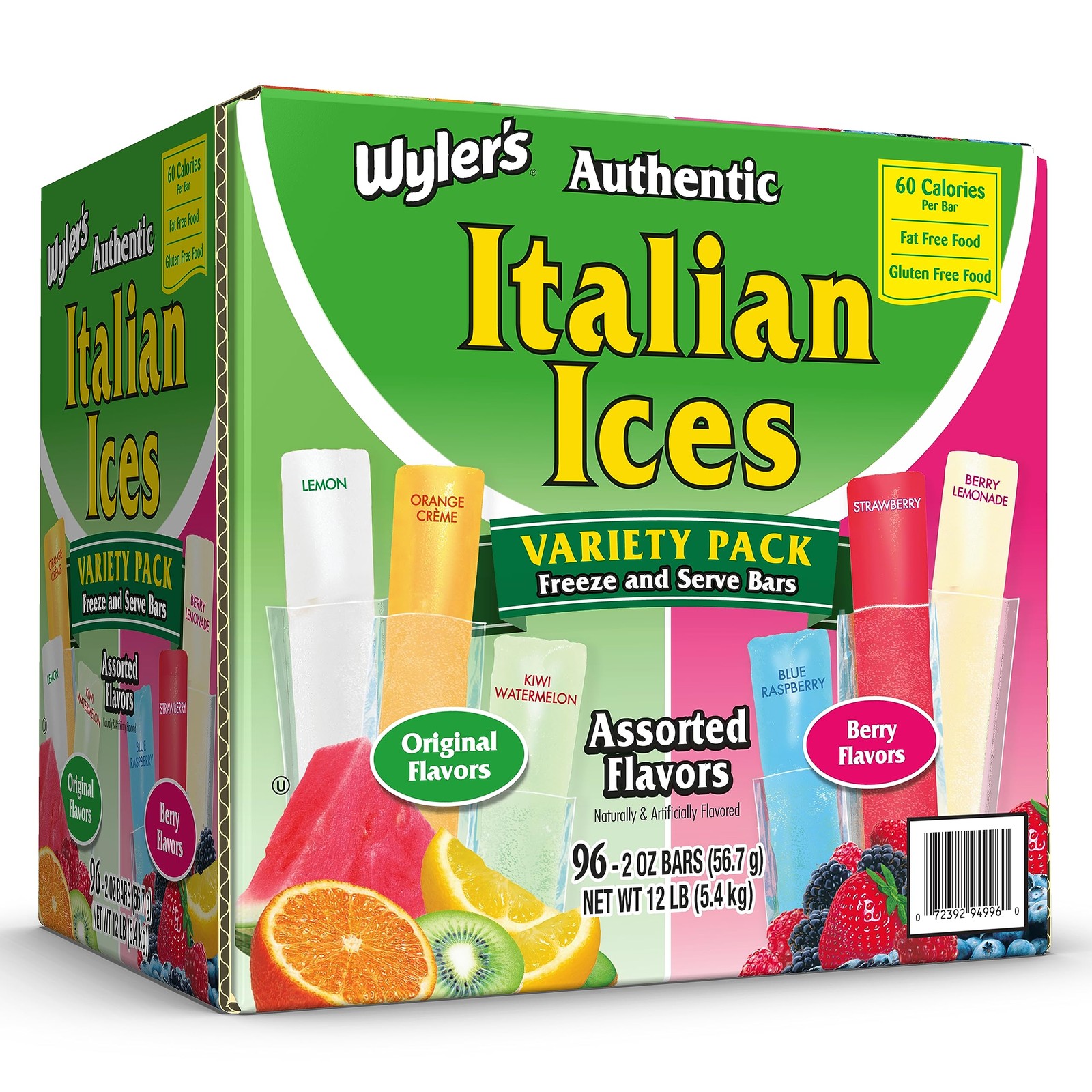 Wyler’s Authentic Italian Ice Freezer Bars 96 Count 6 Flavors Fat Free Treat