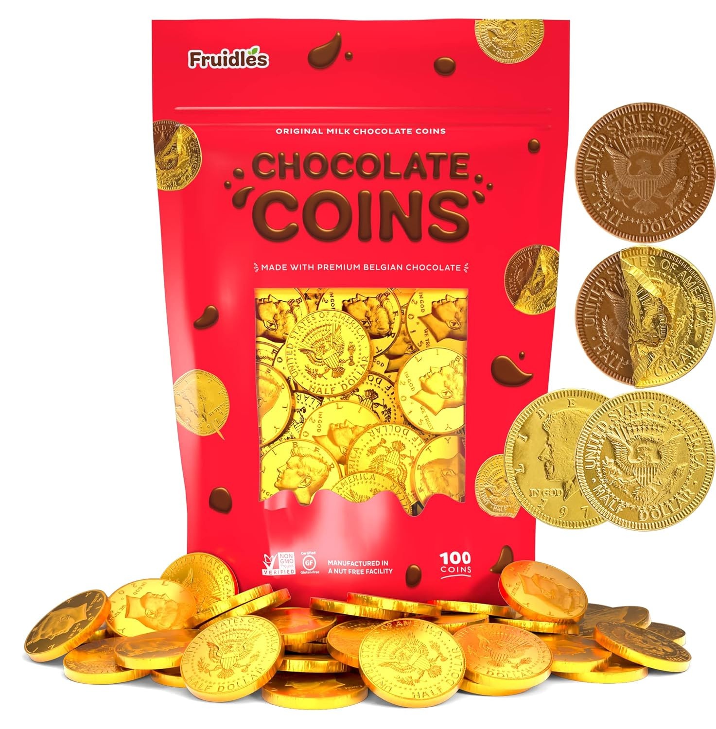 100 Coins, Gold Half Dollar Beglian Chocolate Coins