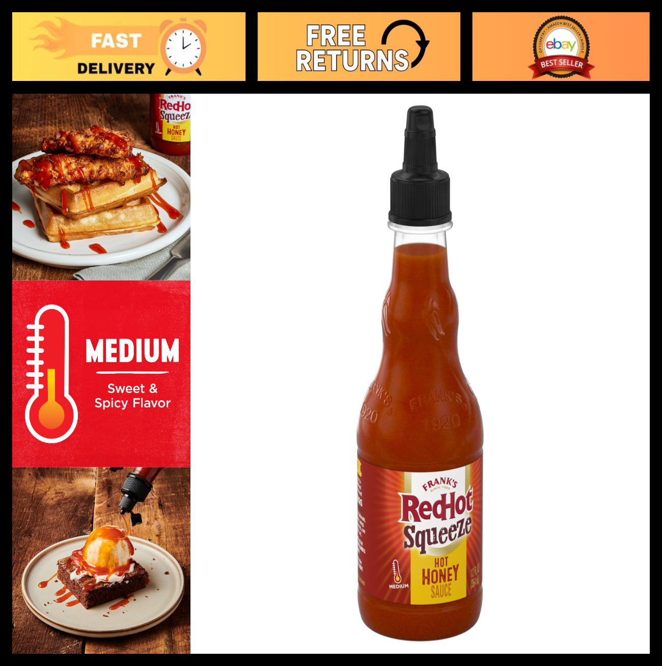 Hot Honey Sauce Squeeze Bottle, 12 fl oz – Pack of 6, Perfect for Spicy Dishes