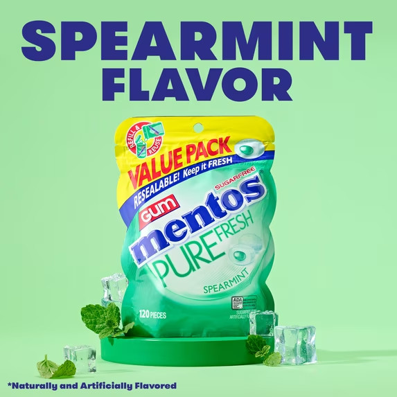 Mentos Pure Fresh Sugar-Free Spearmint Gum 120 Count Xylitol Resealable Bag
