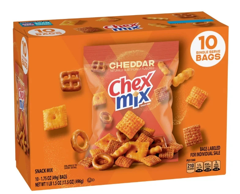 Chex Mix Cheddar Snack Mix, Single Serve Snack Bags, Multipack, 10 Count, 17.5 o