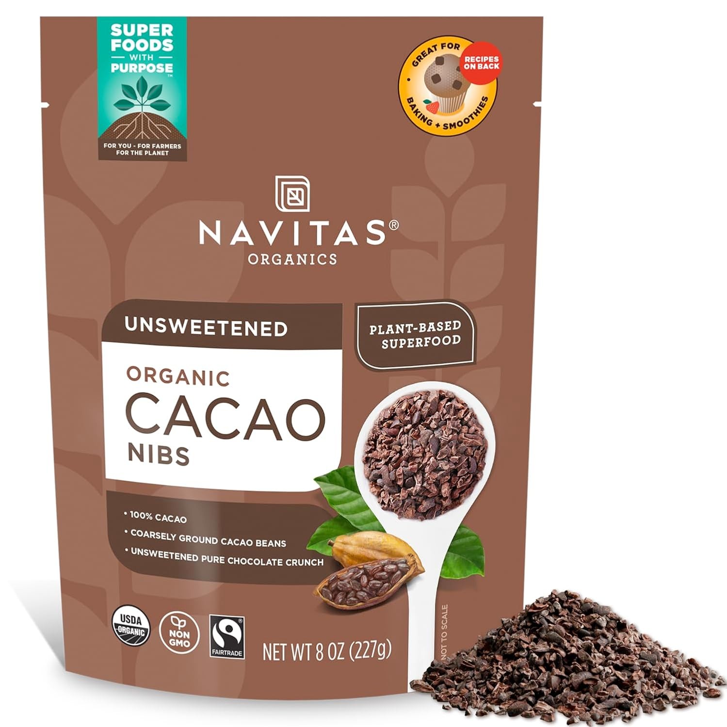 Unsweetened Dark Chocolate Cacao Nibs 8 Ounce Navitas Organics Regular