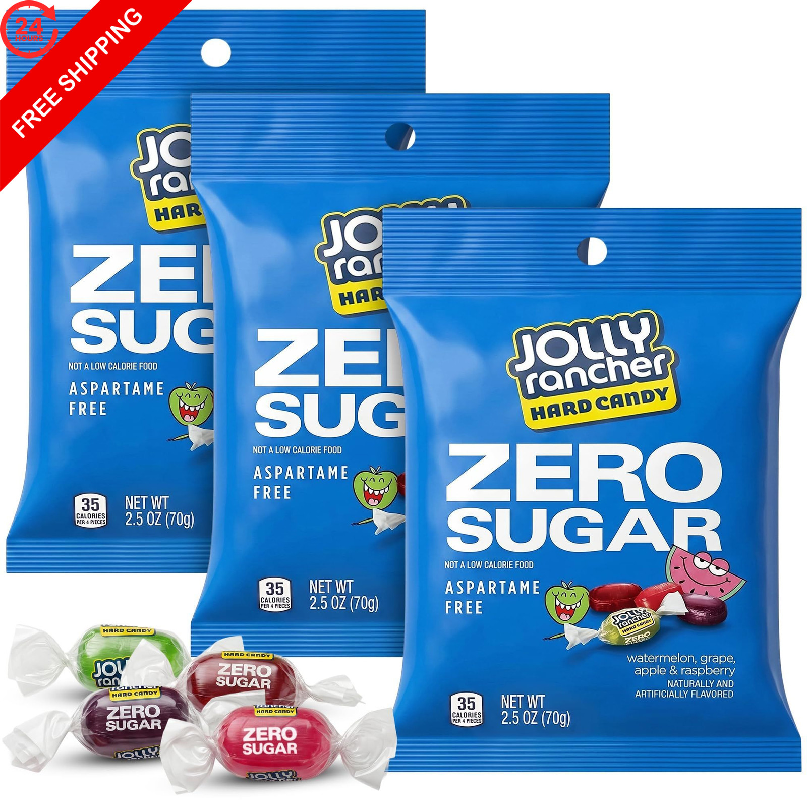 Sugar Free Candy, 3 Bags Assorted Original Flavors Watermelon, Grape, 2.5 oz
