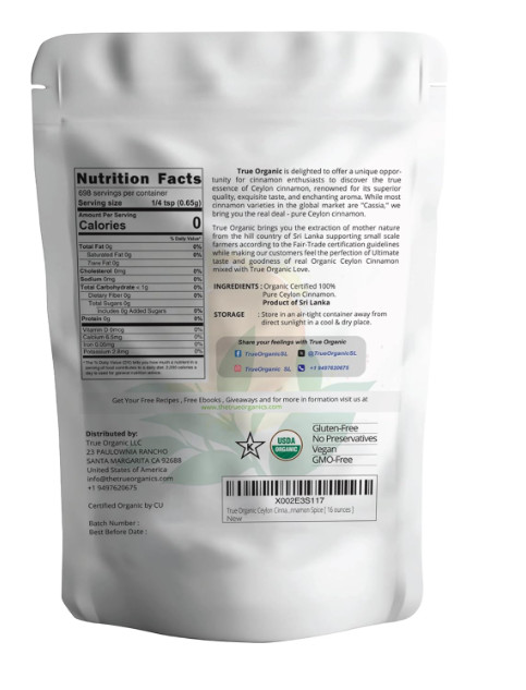 True Organic Ceylon Cinnamon Powder, 1 lb, Premium Grade, Gluten Free