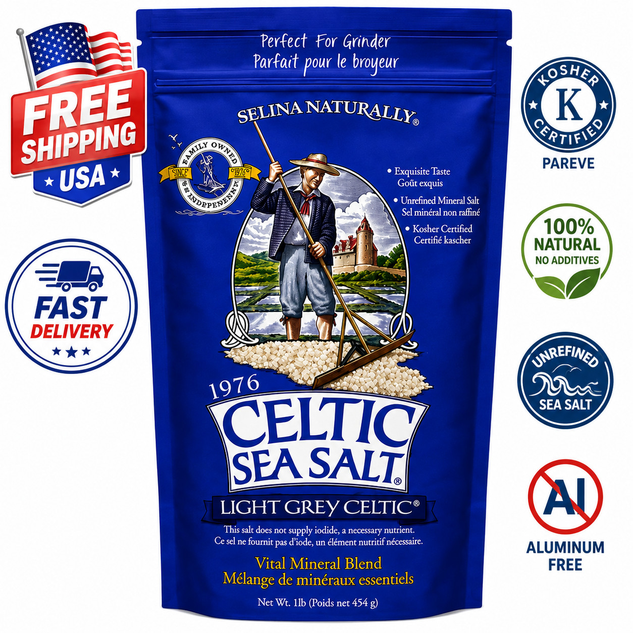 Light Grey Celtic Sea Salt 1 Pound Resealable Bag – Additive-Free, Delicious Sea