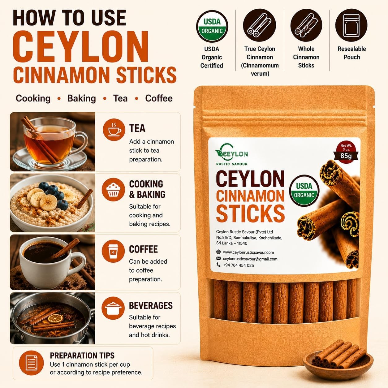 USDA Organic Ceylon Cinnamon Sticks, 3 oz (85 g)